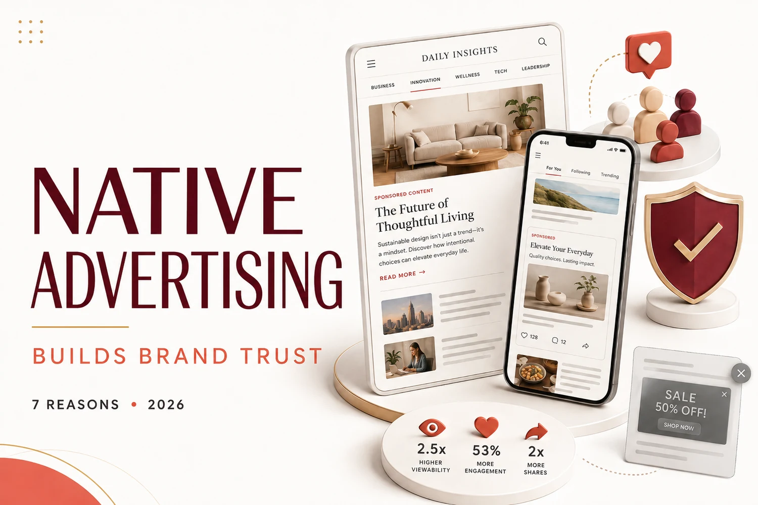 Native advertising builds brand trust — sponsored content in a news feed on tablet and phone, with a trust shield and engagement stats — DigiVeritaz