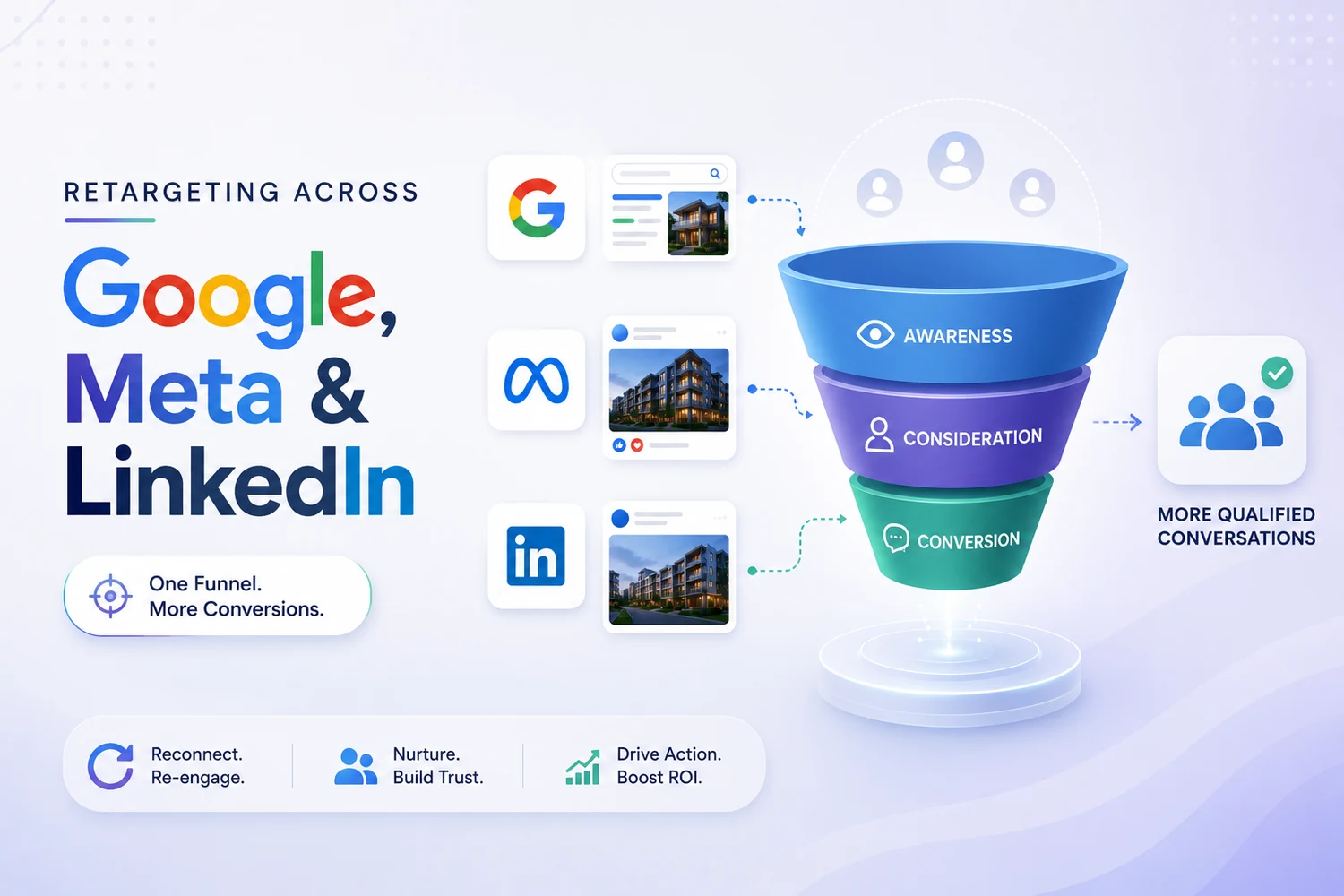 Retargeting across Google, Meta and LinkedIn — one unified awareness, consideration and conversion funnel — DigiVeritaz