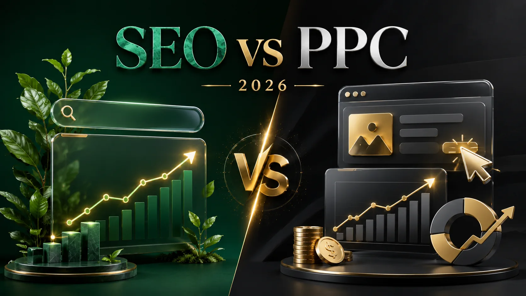 SEO vs PPC in 2026 — a split image of organic search growth on the green side and paid ads with a click cursor on the dark side — DigiVeritaz