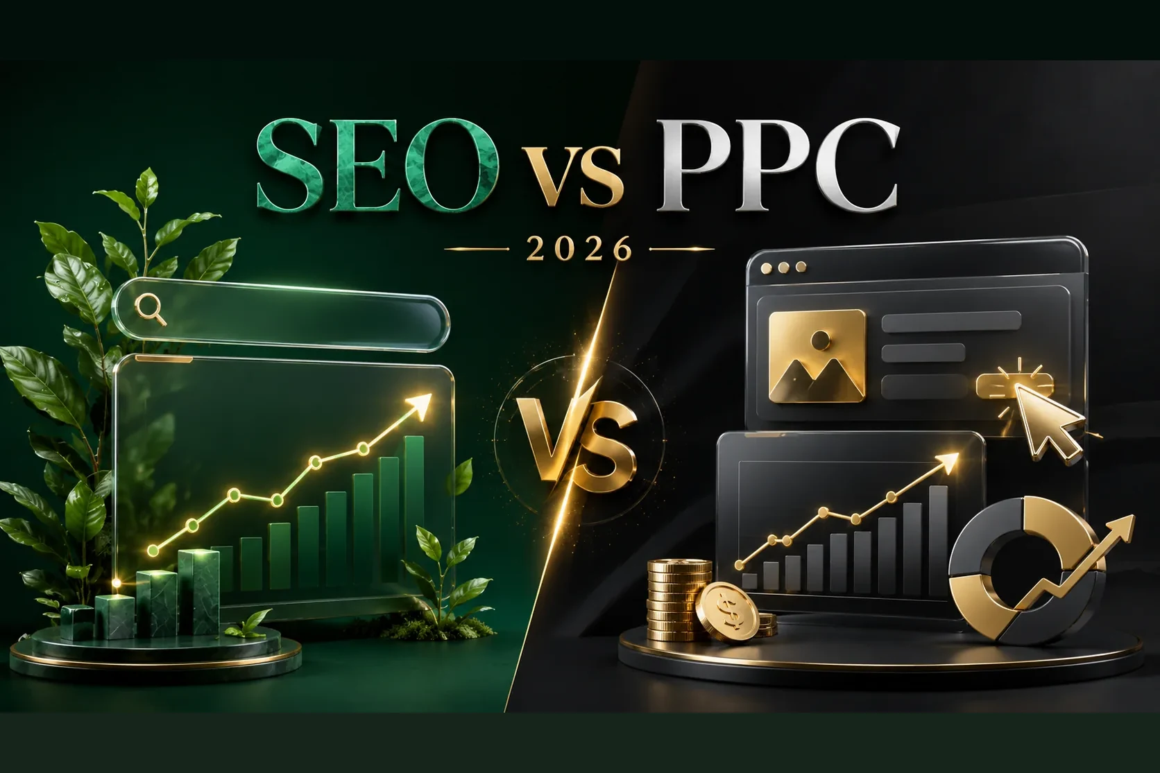 SEO vs PPC in 2026 — a split image of organic search growth on the green side and paid ads with a click cursor on the dark side — DigiVeritaz
