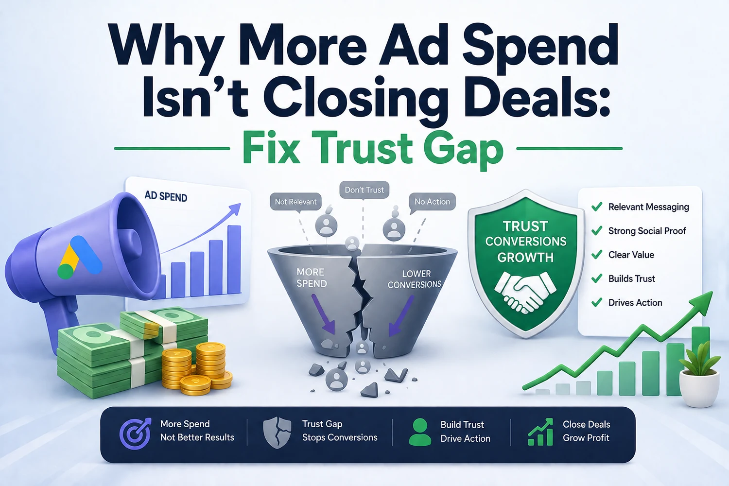 The marketing trust gap — rising ad spend flowing into a cracked funnel beside the trust signals that rebuild conversion — DigiVeritaz