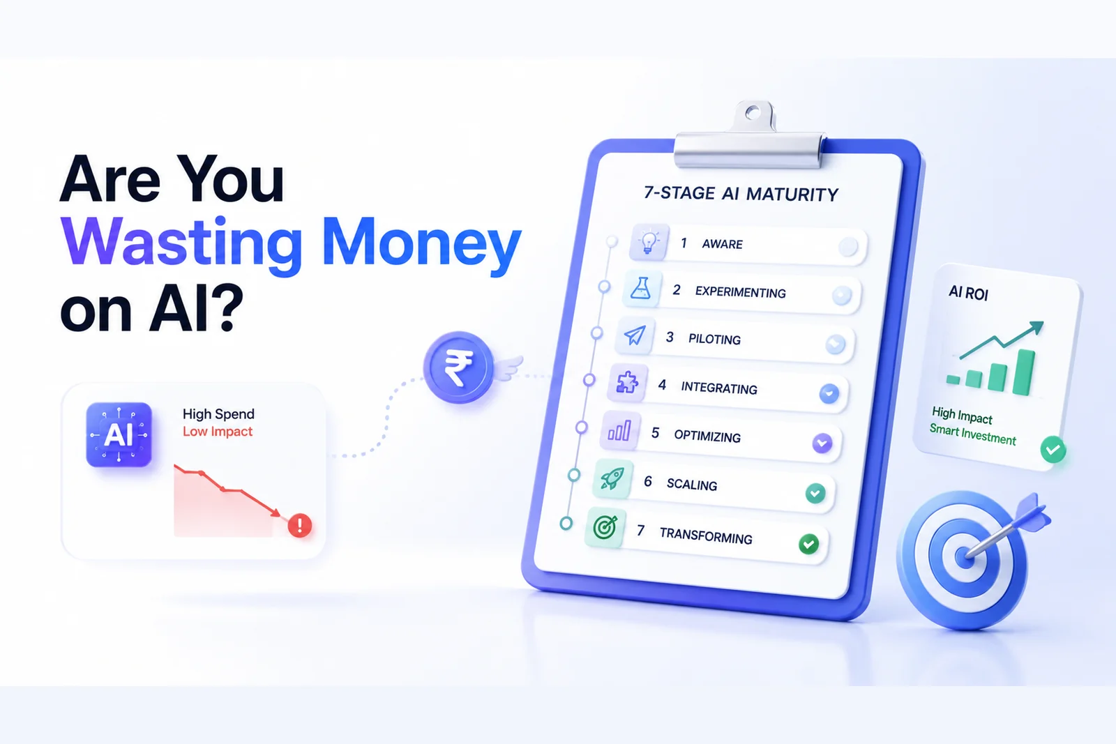 Are you wasting money on AI — a 7-stage AI maturity checklist from aware to transforming, beside an AI ROI chart — DigiVeritaz