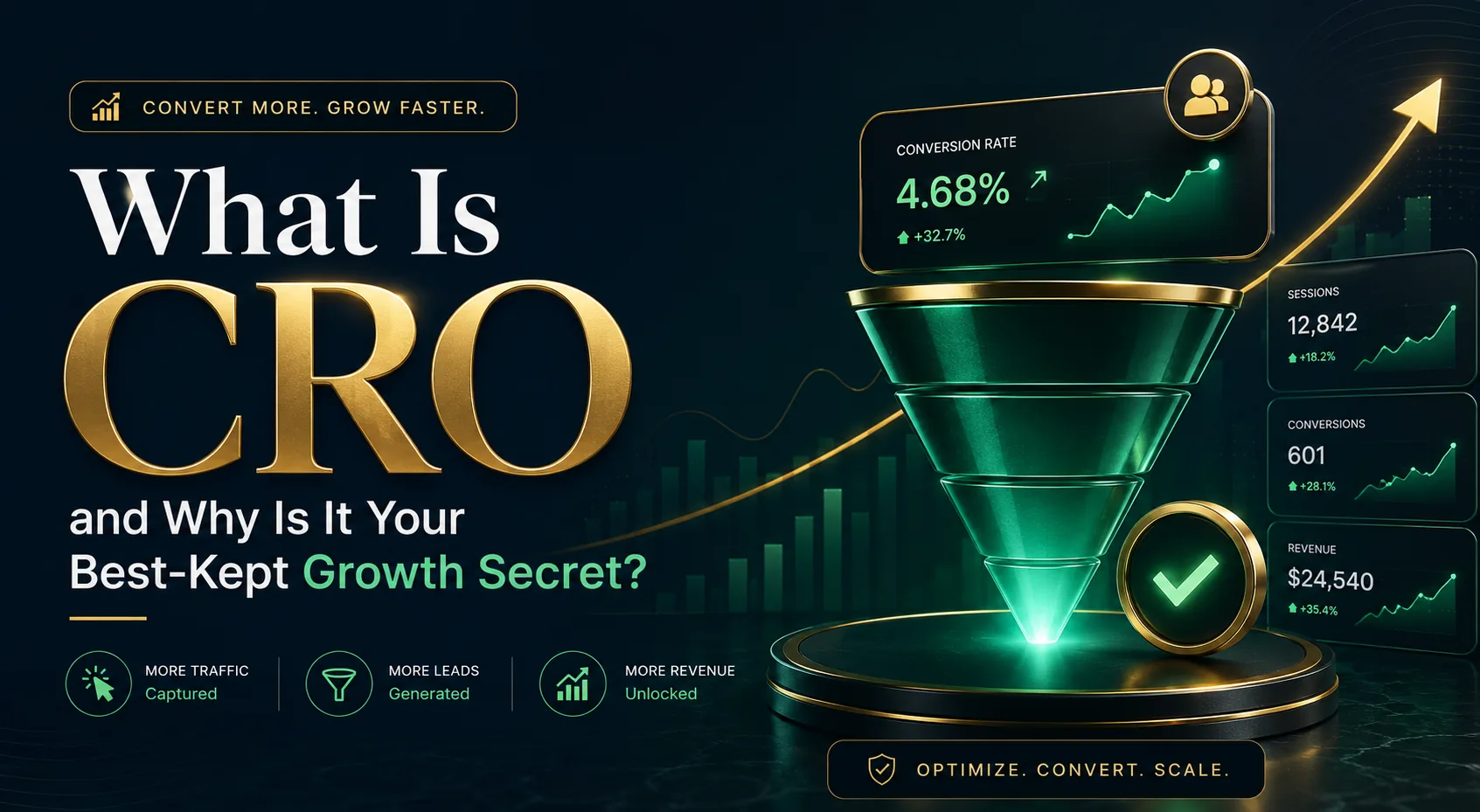 What Is CRO — a conversion funnel showing a 4.68% conversion rate with rising sessions, conversions and revenue — DigiVeritaz