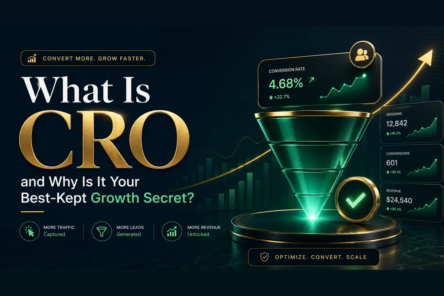 What Is CRO — a conversion funnel showing a 4.68% conversion rate with rising sessions, conversions and revenue — DigiVeritaz