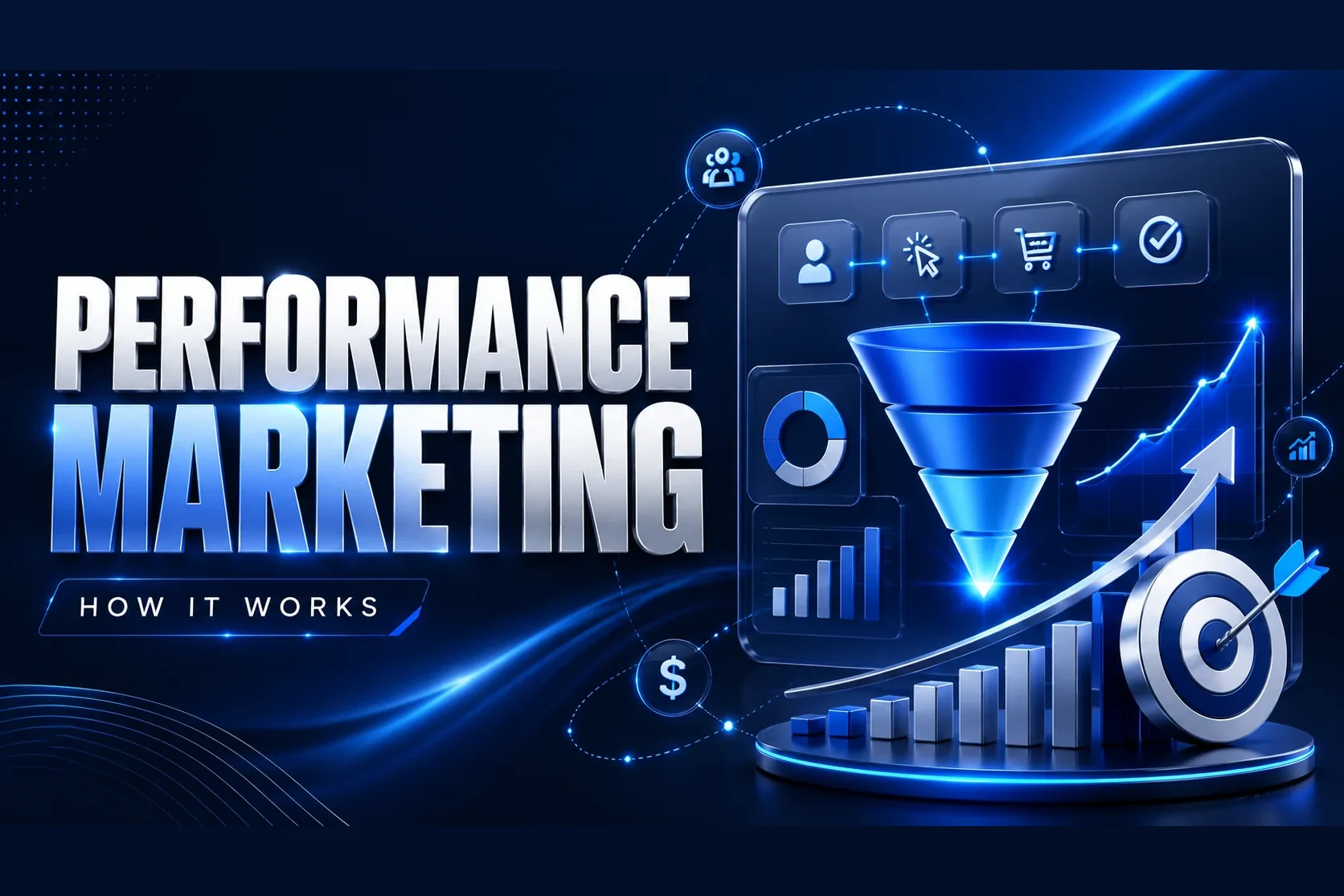 Performance Marketing — How It Works: a conversion funnel, analytics dashboard and rising growth chart hitting a target — DigiVeritaz