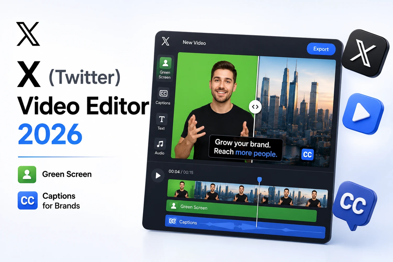 X Twitter video editor — a green-screen recording with auto-captions on a brand video timeline — DigiVeritaz