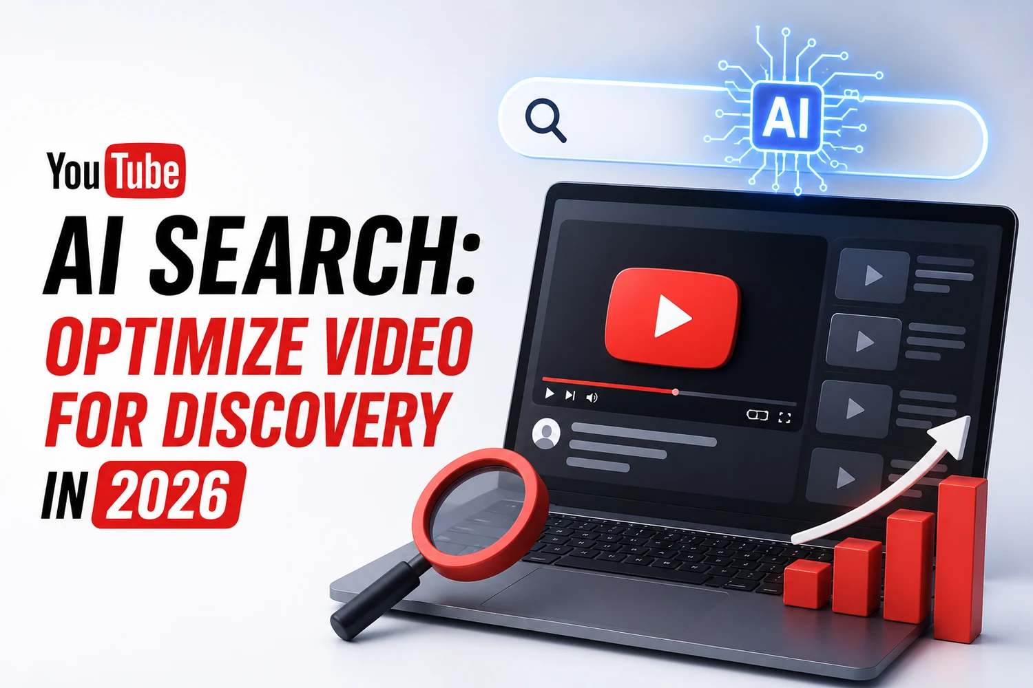 YouTube AI search — a laptop showing a video with an AI-powered search bar and rising discovery graph — DigiVeritaz